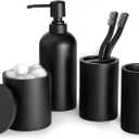 Bathroom Accessory Set - 4 Pcs Matte Black Bathroom Set with Toothbrush Holder, Soap Dispenser, Tumbler & Cotton Swab Jar - Bathroom Vanity Countertop Organizer, Bathroom Decor Sets