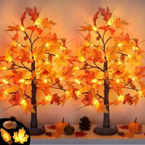 24 Inch Fall Maple Tree Fall Thanksgiving Decorations with Lights Lighted Artificial Tree with Pumpkin Acorn Maple Thanksgiving Table Decoration Centerpieces Indoor Friendsgiving Decor for Home