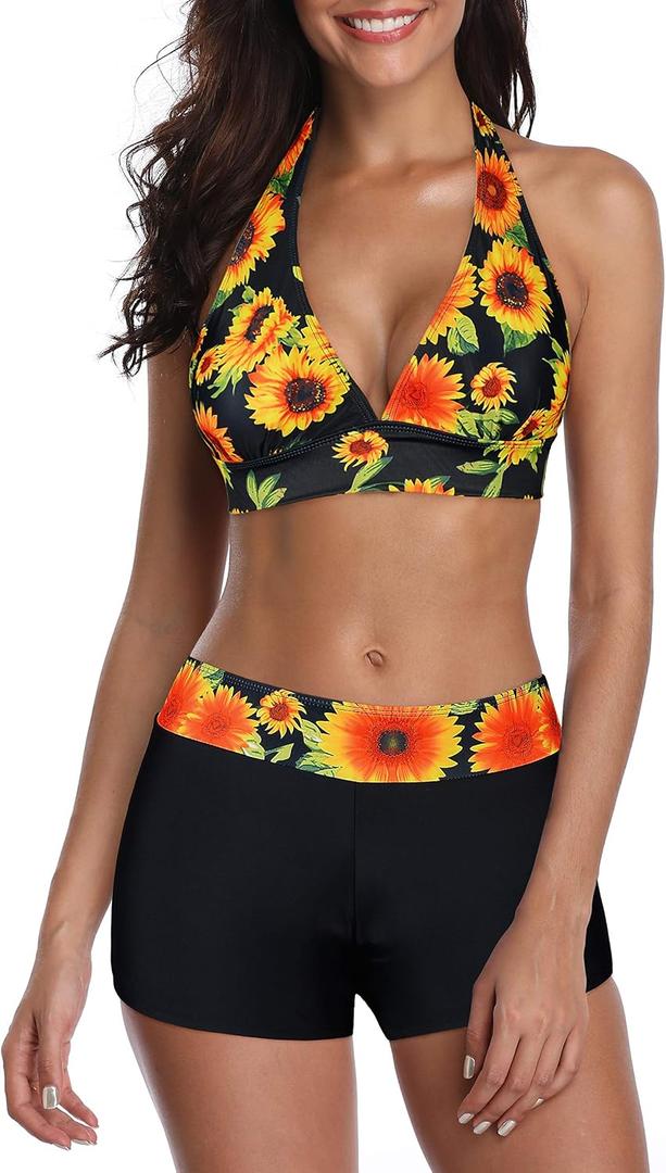 Women's Sporty Two Piece Swimsuits Halter Push Up Bathing Suits Athletic Swimwear for Women (XXL)