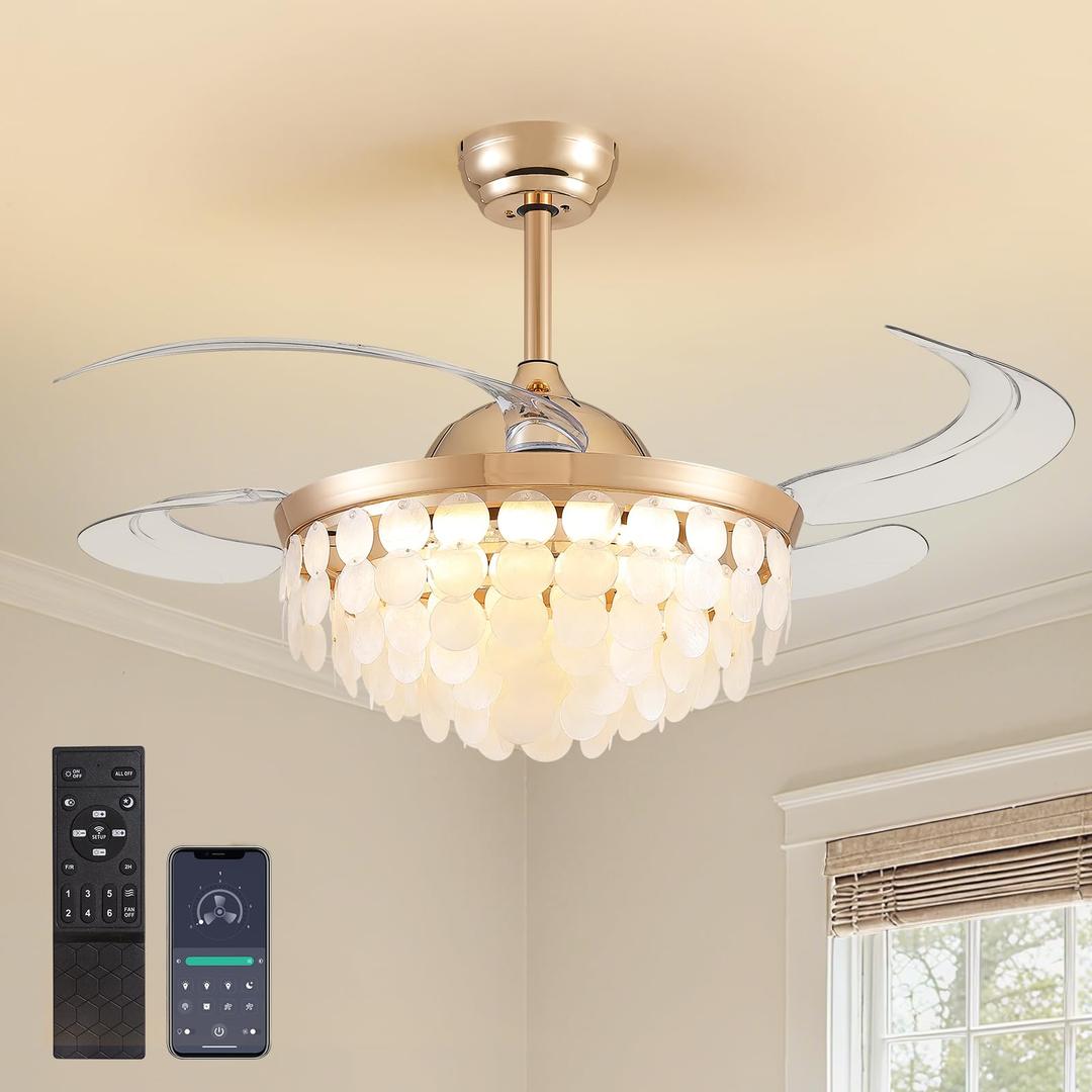 48'' Boho Fandelier Ceiling Fan with Light, Capiz Shell Retractable Ceiling Fan Lights with APP/Remote, Dimmable Coastal Invisible Chandelier Fan with 6 Speeds Wind, Timer for Bedroom Living Room-Gold