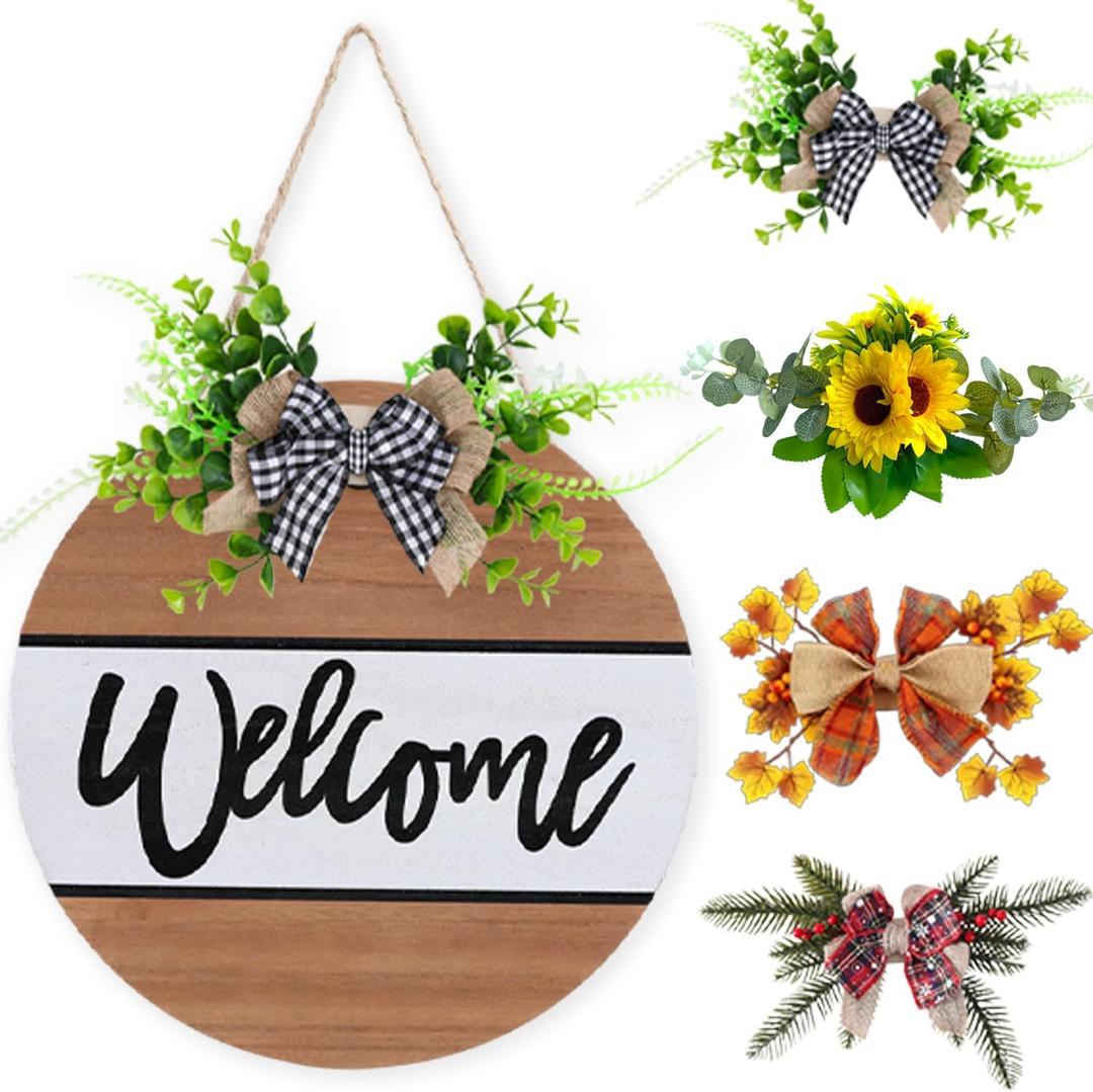 Welcome Sign for Front Door with 4 Seasonal Wreaths, Wreath for Front Door, Seasonal Farmhouse Welcome Year Round Wreath Door Décor, Door Hanger Decoration Porch Décor Home Décor