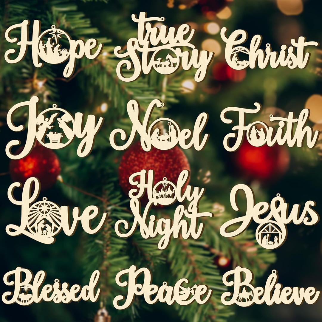 Christmas Nativity Scene Tree Ornaments Christmas Wooden Hanging Ornaments Word Sign Religious Letter Hanging Craft The Birth of Jesus Wooden Decorations for Xmas Outdoor Home Decor (Wood)