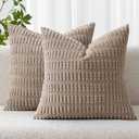MIULEE Pack of 2 Corduroy Decorative Euro Sham Throw Pillow Covers 24x24 Inch Soft Boho Striped Pillow Covers Modern Farmhouse Home Decor for Sofa Living Room Couch Bed Light Brown