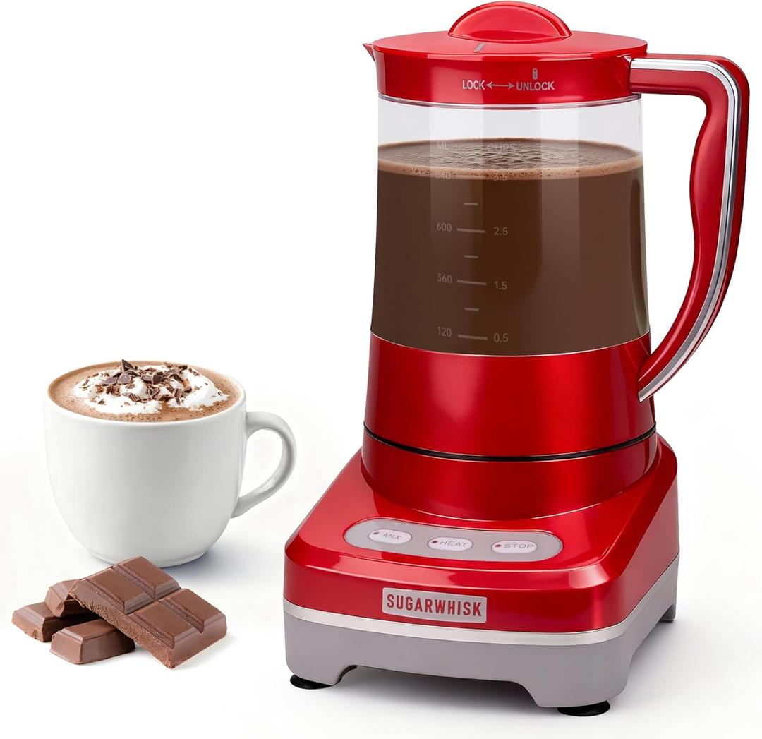 SugarWhisk 29 Oz Hot Chocolate Maker Machine, Electric Milk Frother and Steamer, Hot Cocoa Maker Machine for Hot Chocolate Bar, Detachable Pitcher, 2 Speed Mode, 3.5 Cups, Red