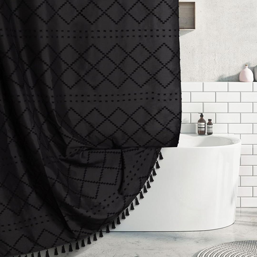Black Shower Curtain Boho Fabric Shower Curtain Black Tufted Texture Striped Modern Farmhouse Shower Curtains for Bathroom, 72 x 72