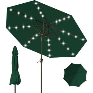 9FT Patio Umbrella with Solar Lights,Outdoor Market Umbrella with Tilt and Crank, LED Lighted Table Umbrella for Garden,Deck,Backyard,Pool,Beach (Dark Green)