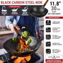 YOSUKATA 11.8" Carbon Steel Wok Pan Pre-Seasoned Flat Bottom Pow Wok for Stir Fry, BBQ, Grill & Camping Traditional Japanese Chinese Cookware Compatible with Induction, Electric, Gas, Open Fire