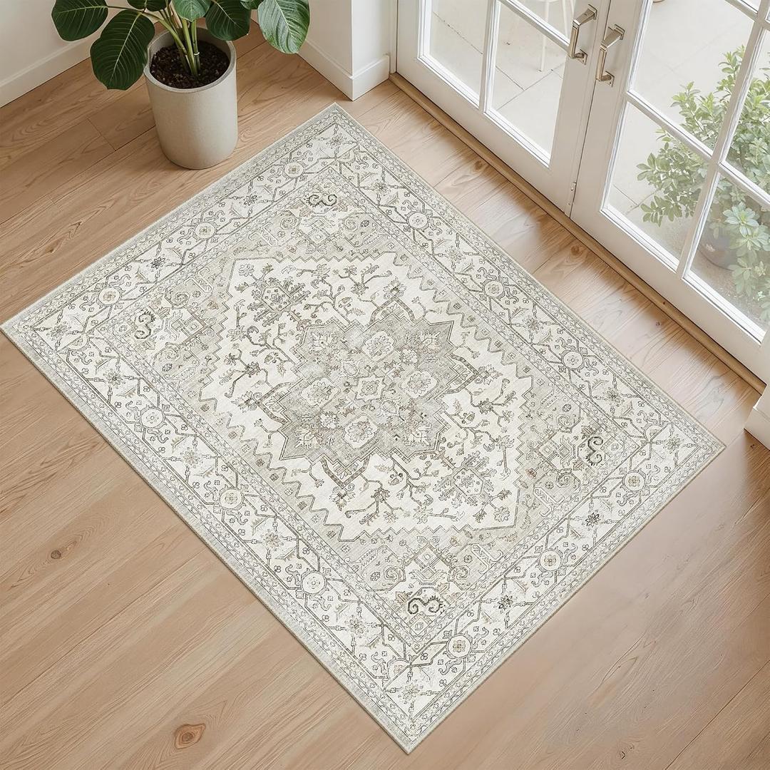 2x3 Entryway Area Rug - Neutral Washable Rugs for Dining Room Kitchen Rug Vintage Soft Floor Mat Non Slip Indoor Farmhouse Carpet for Bathroom Bedroom (Beige)