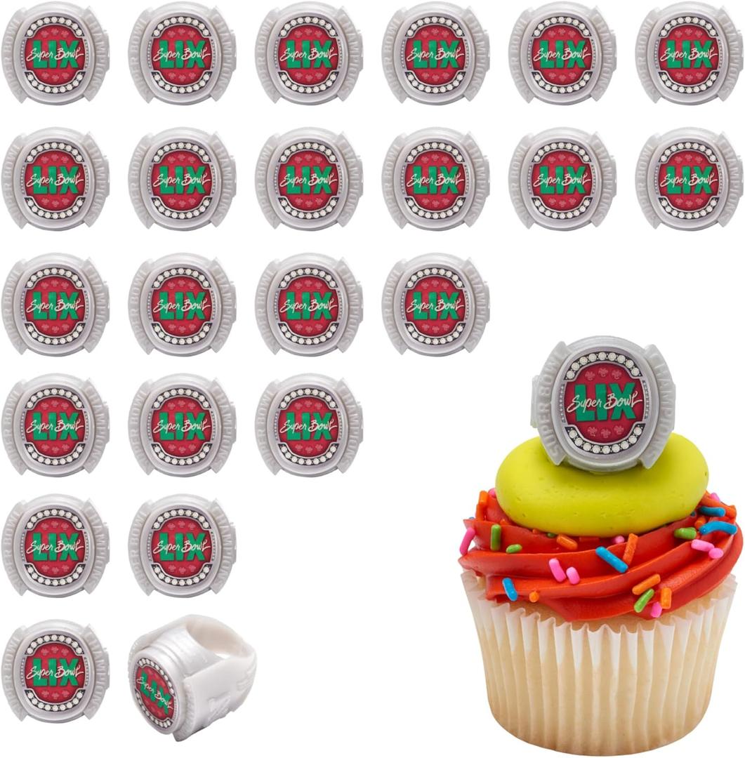 Officially Licensed NFL Super Bowl LIX Rings by DecoPac, Cupcake Decorations, Football Rings, Food Safe Cake Toppers  24 Pack