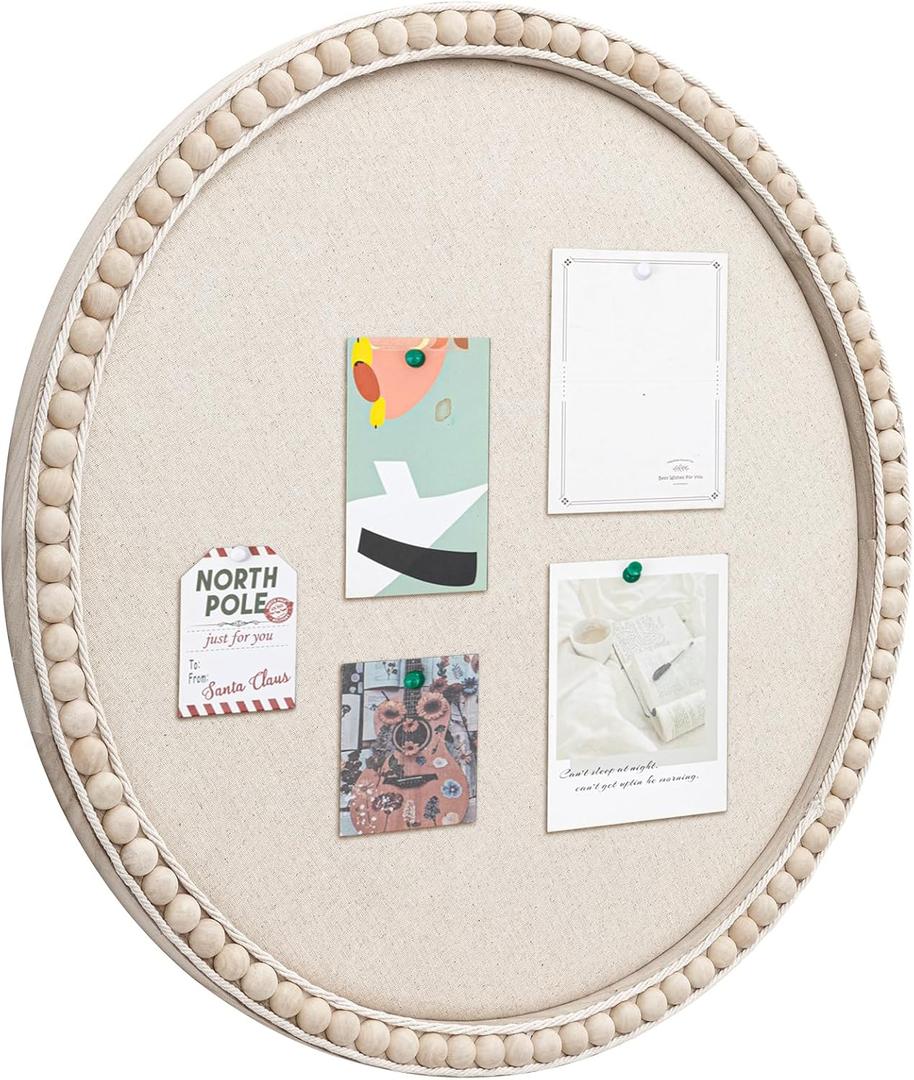 Natural Linen Cork Bulletin Board with Wood Frame and Beaded, 24 in Round Boho Decorative Picture Pin Boards Beige Vision Board Farmhouse Neutral Decor for Home Office Study and Dorm Wall