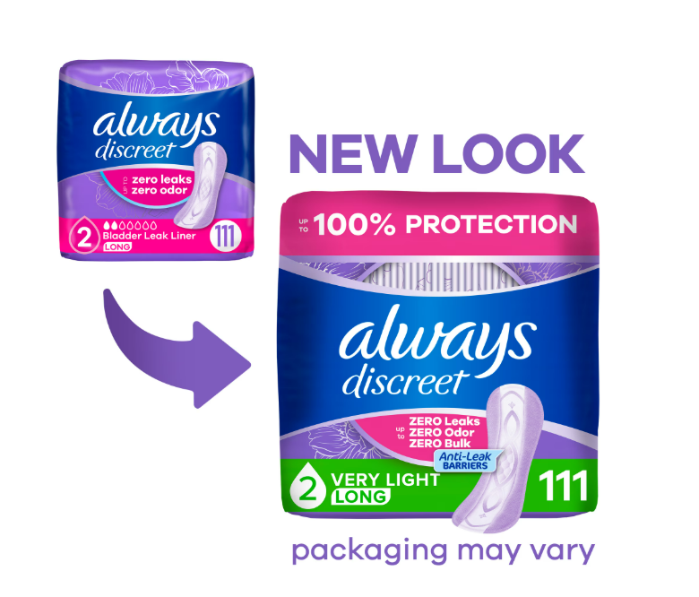 Always Discreet Incontinence Panty Liners for Bladder Leaks, Size 2, Very Light Absorbency, Long Length, 111 Count