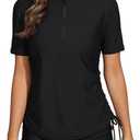 Halcurt Women's Half Zip Short Sleeve Rash Guard Swimsuit Top Ruched Swim Shirt UPF50+ Quick Dry Bathing Suit (XX-Large, Black)