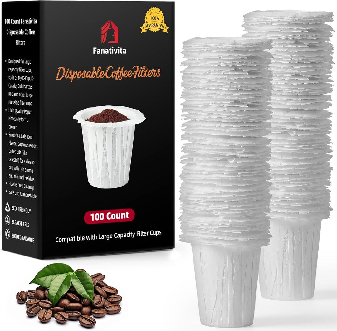 Disposable Coffee Filters for My K-Cup, K-Carafe, Cuisinart SS-RFC and Other Large Reusable Filter Cups (White 100 Count)