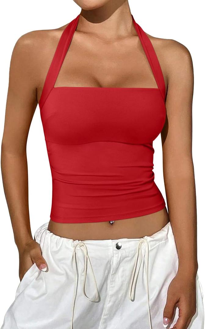REORIA Women's Halter Going Out Tops 2025 Summer Y2K Shirts Sleeveless Sexy Crop Tank Top Y2k Outfits (Large, Red)