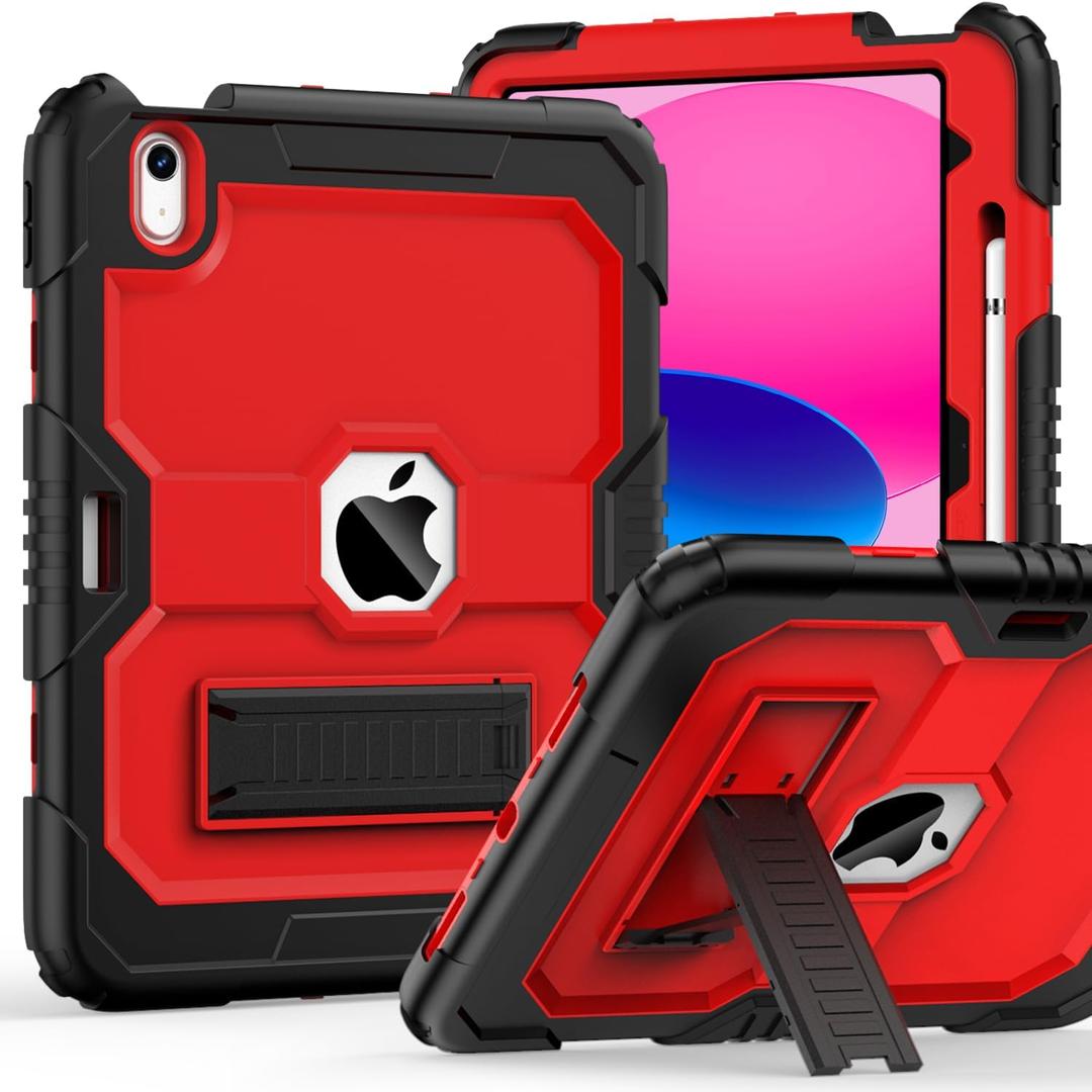 MARIWIVI Case for iPad (A16) 11th Gen 11 inch 2025/ i Pad 10th Generation 10.9 inch 2022 with Pencil Holder/Built-in Stand, Shockproof Rugged Protective Cover for iPad 11th/ 10th Gen (Black+Red)