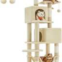 Feandrea Cat Tree, 61-Inch Cat Tower for Indoor Cats, Plush Multi-Level Cat Condo with 5 Scratching Posts, 2 Perches, 2 Caves, Hammock, 2 Pompoms, Beige UPCT192M01