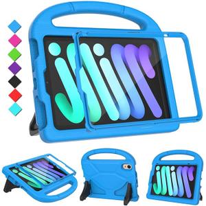 Kids Case for iPad mini 7 (A17 Pro) 2024 / Mini 6 2021, iPad mini 7th/6th Generation Case with Screen Protector, Durable Shockproof Handle Stand Protective Cover for iPad 8.3 Inch, Blue