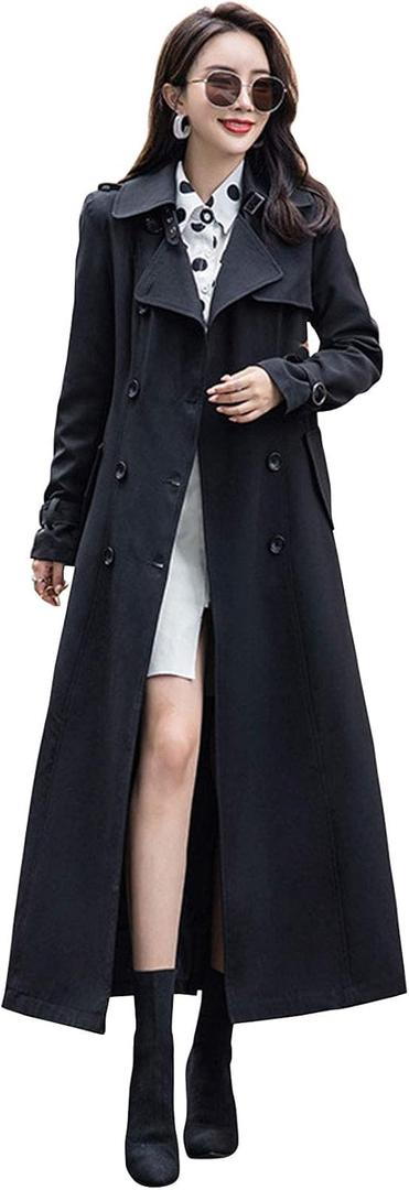ebossy Women's Double Breasted Duster Trench Coat Slim Full Length Maxi Long Overcoat (Black, S)