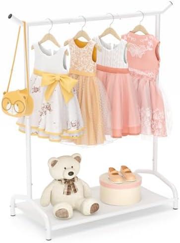 EAGMAK Kids Clothing Rack, Baby Clothes Rack with Bottom Storage Shelf, Kids Dress Up Rack for Little Girls, Metal Coat Rack Toddler Closet Organizer, Costume Garment Rack for Hanging Clothes (White)