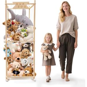 Stuffed Animal Storage Zoo with Wheels, Wooden Large Stuff Animals Plushies Holder Toy Organizer Kids Plush Storage Cage with Elastic Band and Net for Nursery Playroom Corner for Toddler