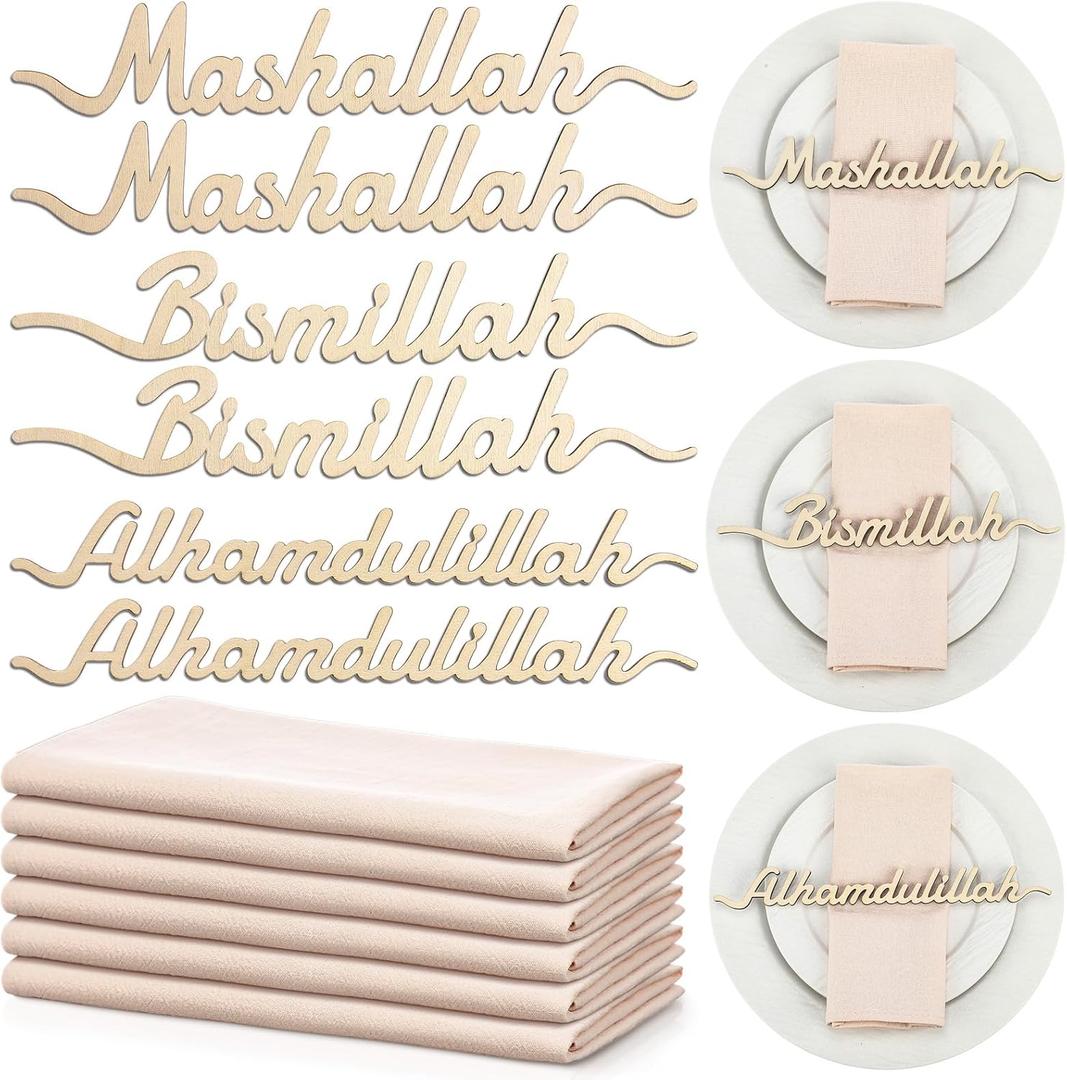 Funnymoom 6 Set Ramadan Wood Sign and Cotton Cloth Napkins Ramadan Table Decor Gifts Plate Setting Plate Sign Eid Mubarak Decorations for Eid Ramadan Islamic Muslim Home Party Wedding (Mixed Styles)