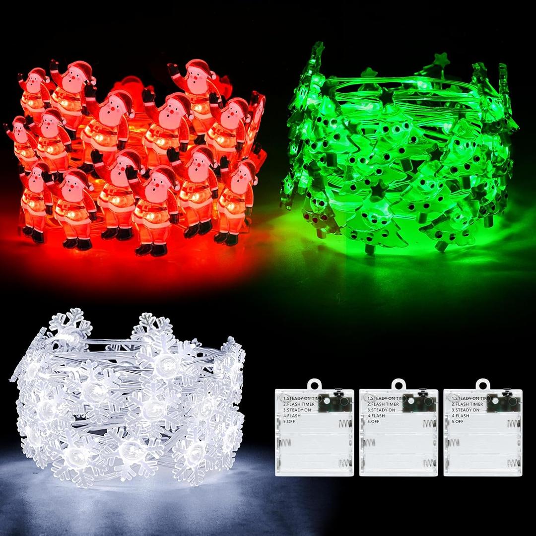 cshare Christmas String Lights, Christmas Tree Santa Claus Snowflake Lights with Timer Twinkling Indoor Battery Operated 9.8ft 30LED Christmas Decorations for Home Decor Indoor Party Holiday 3 Packs