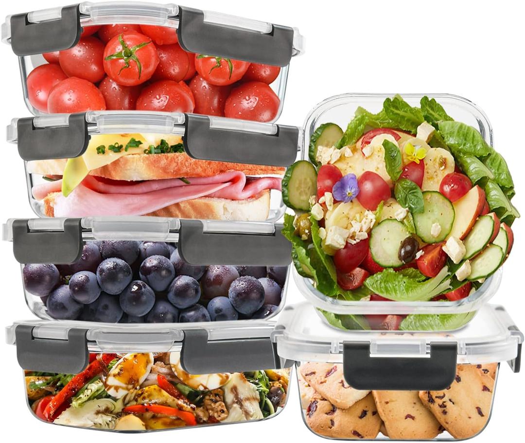 6Pack 22oz Glass Meal Prep Containers, Glass Food Storage Containers Sets with Snap Leak Proof Lids for Microwave, Oven, Freezer and Dishwasher Safe (Grey, 22oz)