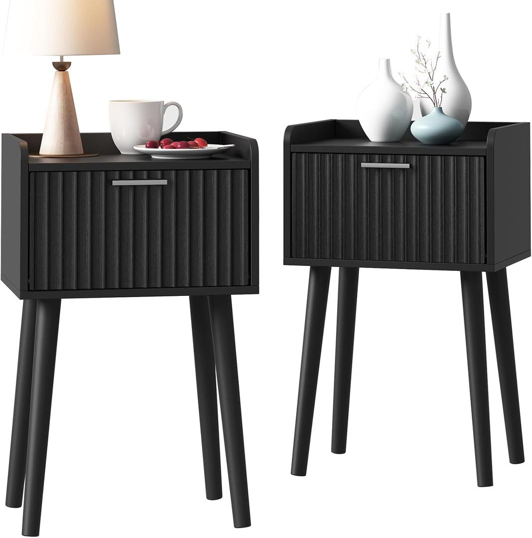 LAATOOREE Nightstand Set of 2, Small Bed Side Table with Fluted Door, End Table with Solid Wood Legs, Mid-Century Bedside Table for Bedroom Small Space (Black)