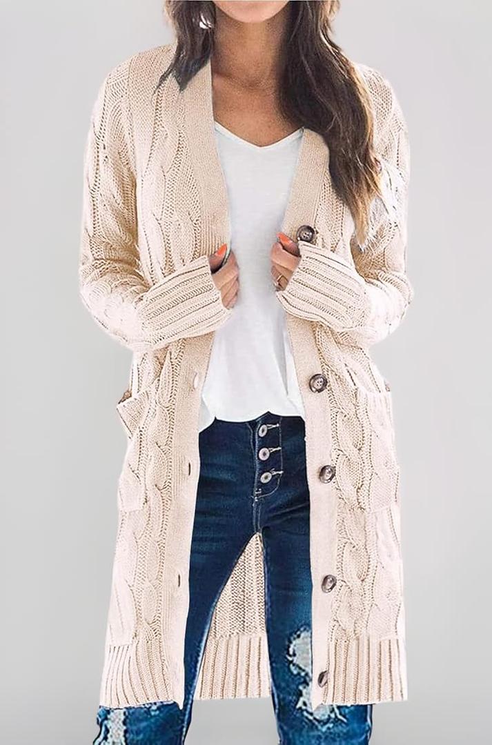 PRETTYGARDEN Long Sleeve Cable Knit Long Cardigan for Women 2025 Fall Winter Chunky Open Front Button Sweaters with Pockets. Size:XXL Color: Beige