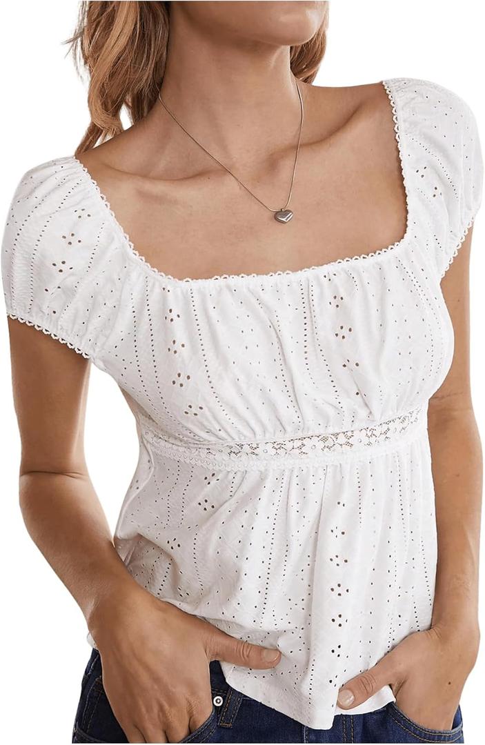 SHENHE Women's Peplum Tops Square Neck Cap Sleeve Cute Lace Babydoll Eyelet Top Tshirt (Large, White)