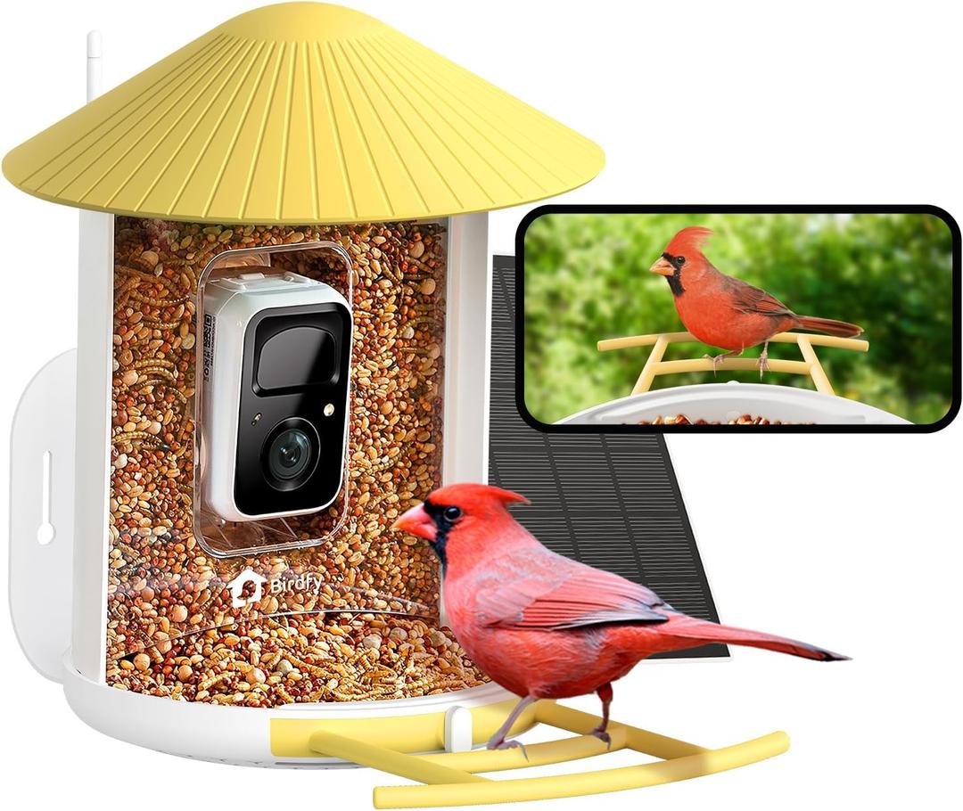 NETVUE by Birdfy Smart Bird Feeder with 2K AI Camera Solar Powered, 3MP Wireless Wildbird Watching, Live Stream & Night Vision, Auto-Capture & Notify, Collection & Cloud Storage (AI by Subscription) (Yellow)