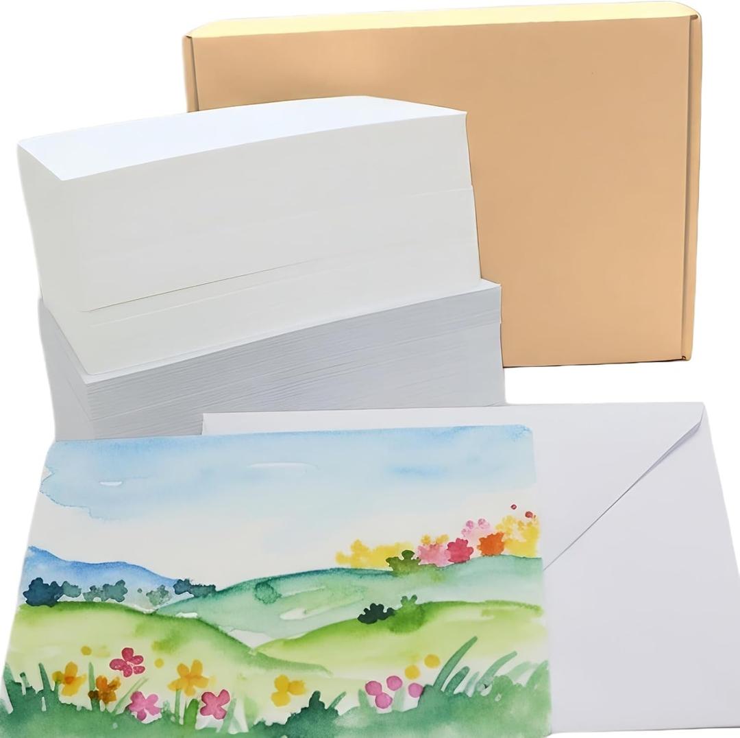 Watercolor Paper 140lb/300gsm, 100 Sheets Watercolor Cards with Envelopes, 4x6 Inch Water Color Postcards, Cotton Cold Press Non-Folded Thank You Card, Travel Watercolors Heavyweight White Art Paper