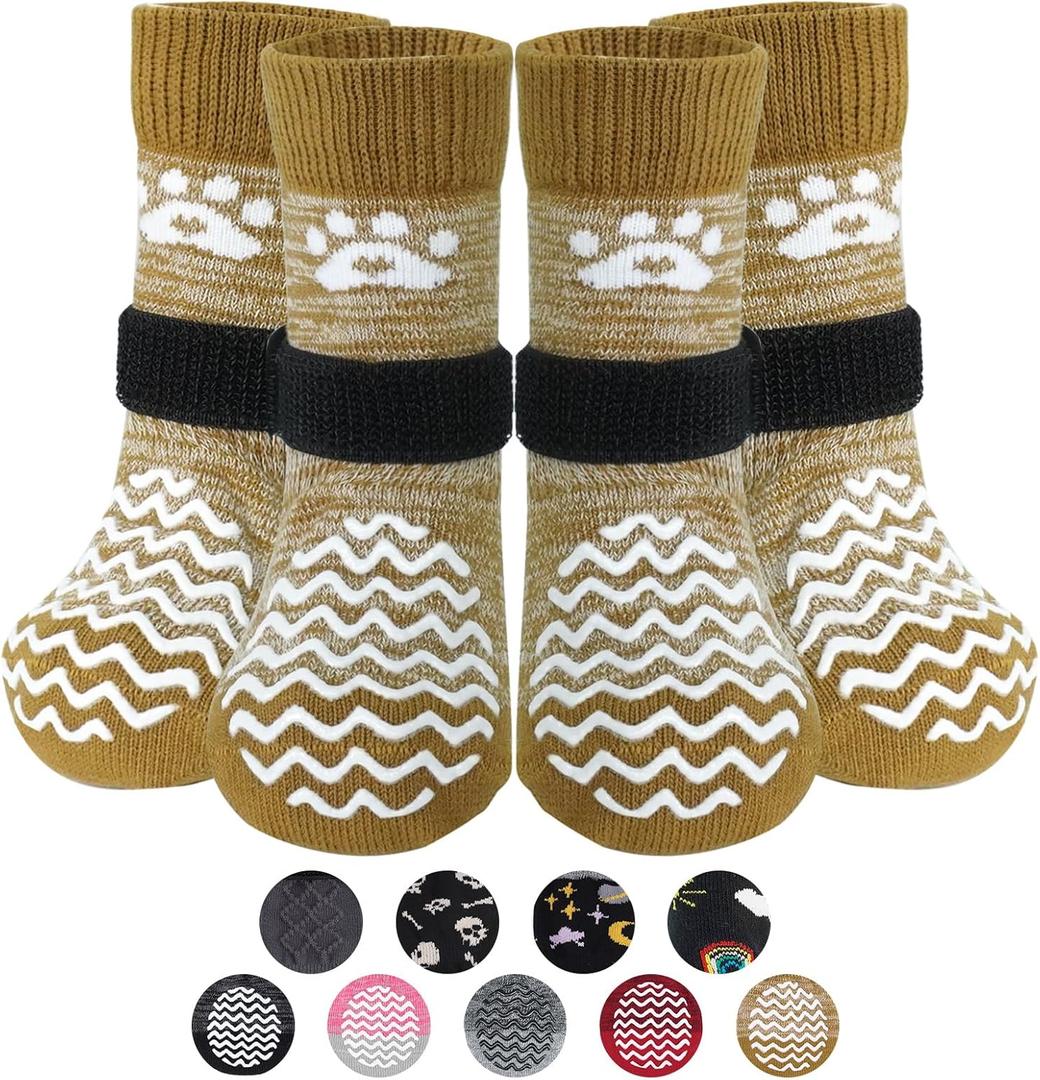 PUPTECK Anti Slip Dog Socks 2 Pairs with Double Grippers for Hardwood Floors, Shoes for Hot/Cold Pavement, Boots & Paws Protectors to Prevent Licking, Traction Booties for Senior Large Dogs (Brown(Wave))
