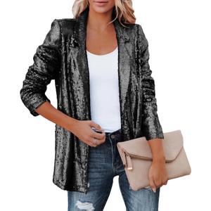 SEMATOMALA Women's Sequin Shiny Open Front Blazer Evening Party Sparkly Long Sleeve Slim Cardigan Coat (Large, Black)