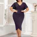 ZOMVA Plus Size 0X-4X Sparkly Glitter Ruched Bodycon Midi Dress Sparkle Sequin Wrap Ruffle Sleeve Dress Cocktail Party Formal, 3X