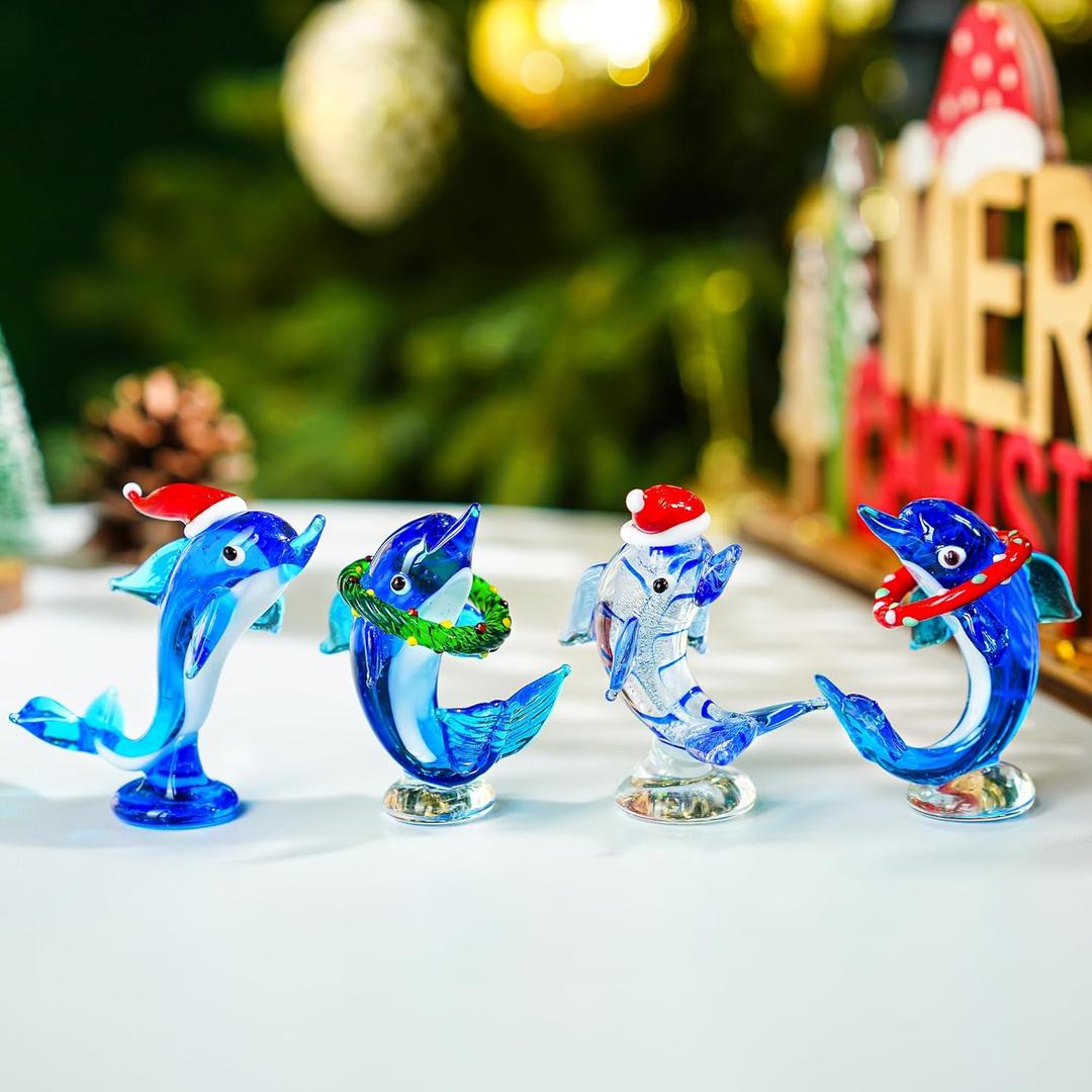 H&D HYALINE & DORA Set of 4 Blown Glass Dolphins Figurines with Hat Christmas Decorative Tiny Glass Animals Collectible Gifts for Christmas Home Fish Tank Decor