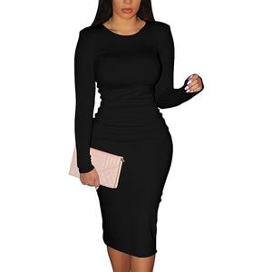 XXTAXN Women's Sexy Bodycon Long Sleeve Round Neck Work Office Midi Pencil Dress, S