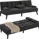 Shintenchi Futon Sofa Bed, Velvet Foldable Couch Reclining Sleeper w/Removable Armrests, Upholstered Loveseat w/Folding Cup Holders for Home, Office, Black, 64 inches x 17.7 inches x 24.8 inches