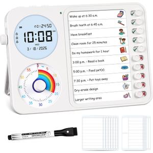 3-in-1 Visual Timer & ADHD Tool for Kids – ADHD Task Timer for Adults with Visual Schedule, Chore Chart & Planning Board for Home, School, Classroom, Work (White)