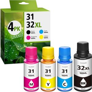 31 Ink 32XL Black Ink Bottle Set, Smart tank 5101 7602 6001 5000 ink refill Compatible with HP 31 32XL Ink Bottle Set for Smart Tank 651 5101 5000 7602 5103 6001 7301 7001 7302 5102 7002 7006 Printers (Cyan*1 Magenta*1 Yellow*1 Black*1)