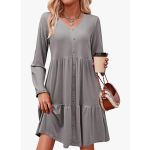 Dokotoo Fall Dresses for Women 2025 V Neck Button Up Long Sleeve Empire Waist Ruffle Tiered Mini Dress with Pockets,Grey, L Dokotoo Fall Dresses for Women 2025 V Neck Button Up Long Sleeve Empire Waist Ruffle Tiered Mini Dress with Pockets,Grey, L