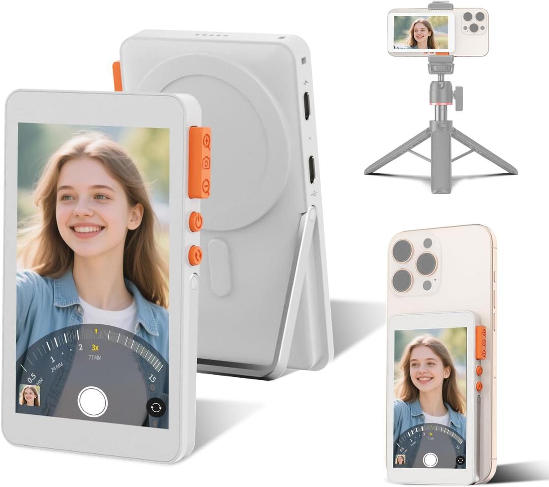 Selfie Monitor Screen for iPhone, Magnetic Screen Mirroring Back Camera Monitor with Desktop Stand 3-Level Brightness Bluetooth Focus Selfie Monitor Screen for YouTube Vlog Live Stream TikTok (White)