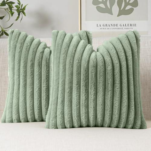 MIULEE Faux Fur Decorative Throw Pillow Covers 18x18 Inch, Modern Spring Home Decor Soft Plush Couch Pillows Cozy Fluffy Cushion Covers for Sofa Bed Sage Green 1 Pack