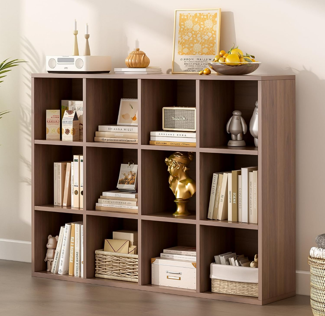 12-Cube Storage Shelf Bookcase - Wooden 3-Tier Floor Standing Open Bookshelf for Home and Office, Cuby Orgainzer, Walnut