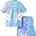 SOLY HUX Boy's Summer 2 Piece Outfits Boho Paisley Print Short Sleeve Button Down Shirt and Shorts Set (Blue)