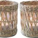 Wicker Rattan Woven Tea Light Candle Holder Set of 2, Handcraft Woven Votive Candle Holder, Rustic Vintage Seagrass Glass Votive Candle Holders for Dining Table Christmas Decoration
