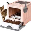 Stainless Steel Cat Litter Box With Lid, Top & Front Entry Enclosed Metal Litter Box, Large Covered Drawer Type Foldable Cat Litter Pan With Litter Scoop & Mat, Easy to Clean,Odor Control (Pink)