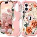 PIXIU Unique Flower Pattern Compatible with iPhone 17 6.3 inch case,Heavy Duty Dual Layer Shockproof Full-Body Protective Sturdy Hybrid Cute Rugged Case for Women,Girls,Kids-White/Orange (A14)