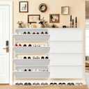 Shoe Storage Cabinet with 4 Flip Drawers, Hidden Slim Narrow Shoe Rack Cabinet, Wall Mount Metal Shoe Cabinet for Entryway, White, 31.5 inches x 57 inches x 5.9 inches
