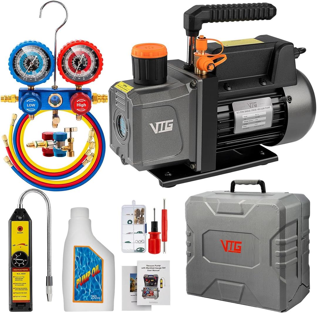 4.5 CFM AC Vacuum Pump and Gauge Set,for Mini Split/HVAC/Auto Systems,Manifold Gauge Kit Fits R134a R12 R22 R410a,with Leak Detector,Upgraded Trifold Storage Case,3 Hoses,R134a Can Tap